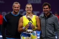 Aryna Sabalenka celebrates with her team, including Dmitry Tursunov, at the 2022 Qatar Open.